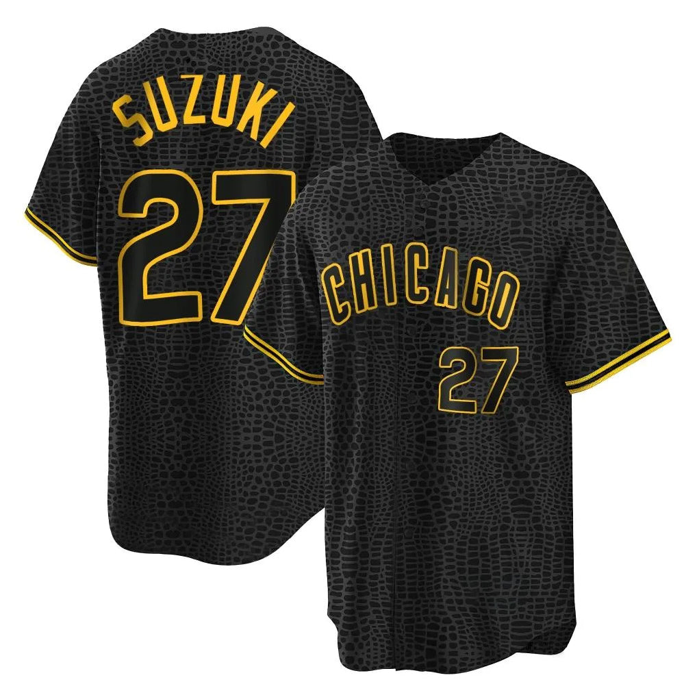 Johmsee C.Cubs #27 Seiya Suzuki Player Black Snake Skin City Game Stitched Jerseys