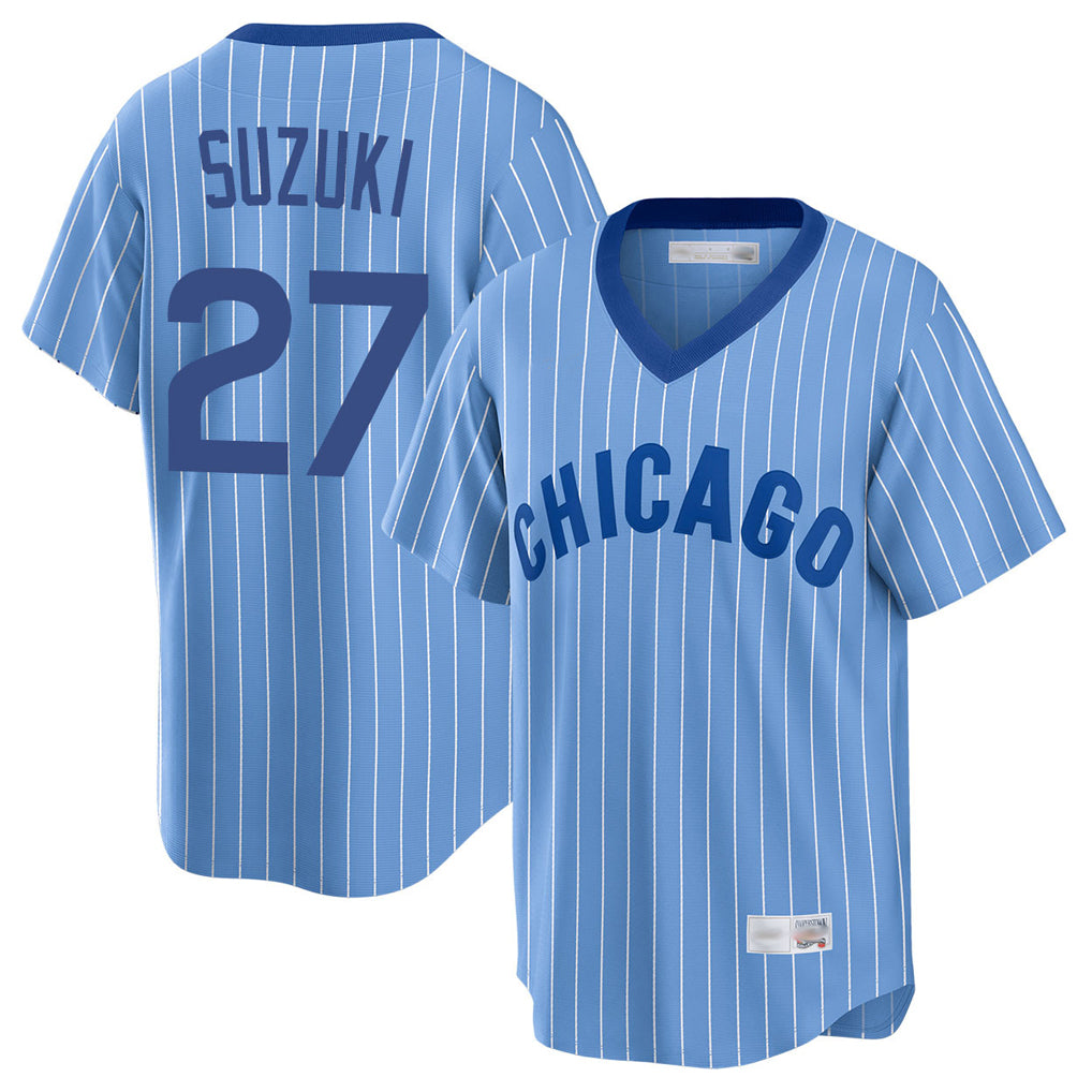 Johmsee C.Cubs #27 Seiya Suzuki Player Blue T-shirt Cooperstown Collection Limited Stitched Jerseys