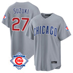 Johmsee C.Cubs #27 Seiya Suzuki Player Gray 150th Anniversary Home Game Stitched Jerseys