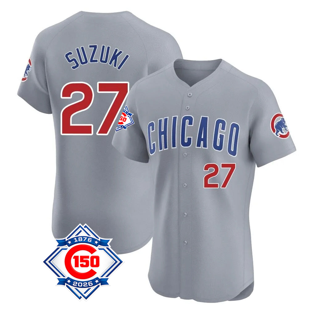 Johmsee C.Cubs #27 Seiya Suzuki Player Gray Road 150th Anniversary Limited Elite Home Stitched Jerseys