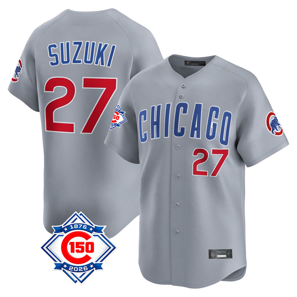 Johmsee C.Cubs #27 Seiya Suzuki Player Gray Road 150th Anniversary Limited Home Stitched Jerseys