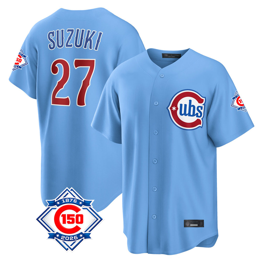 Johmsee C.Cubs #27 Seiya Suzuki Player Light Blue 150th Anniversary Home Game Stitched Jerseys