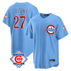 Johmsee C.Cubs #27 Seiya Suzuki Player Light Blue 150th Anniversary Home Game Stitched Jerseys