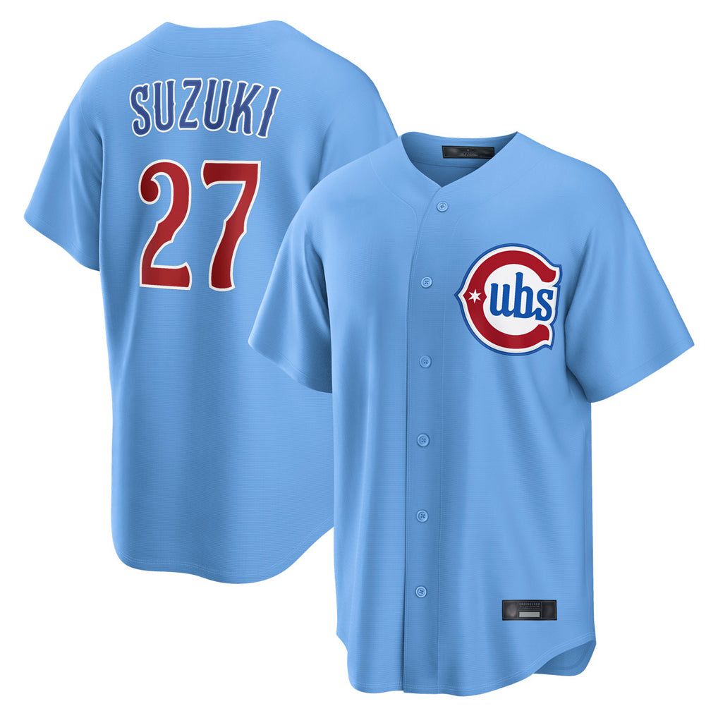 Johmsee C.Cubs #27 Seiya Suzuki Player Light Blue Home Game Stitched Jerseys