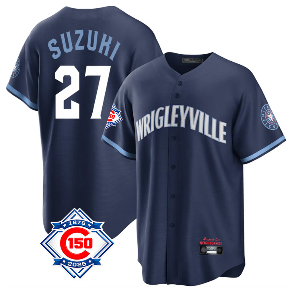 Johmsee C.Cubs #27 Seiya Suzuki Player Navy 150th Anniversary City Connect Home Game Stitched Jerseys