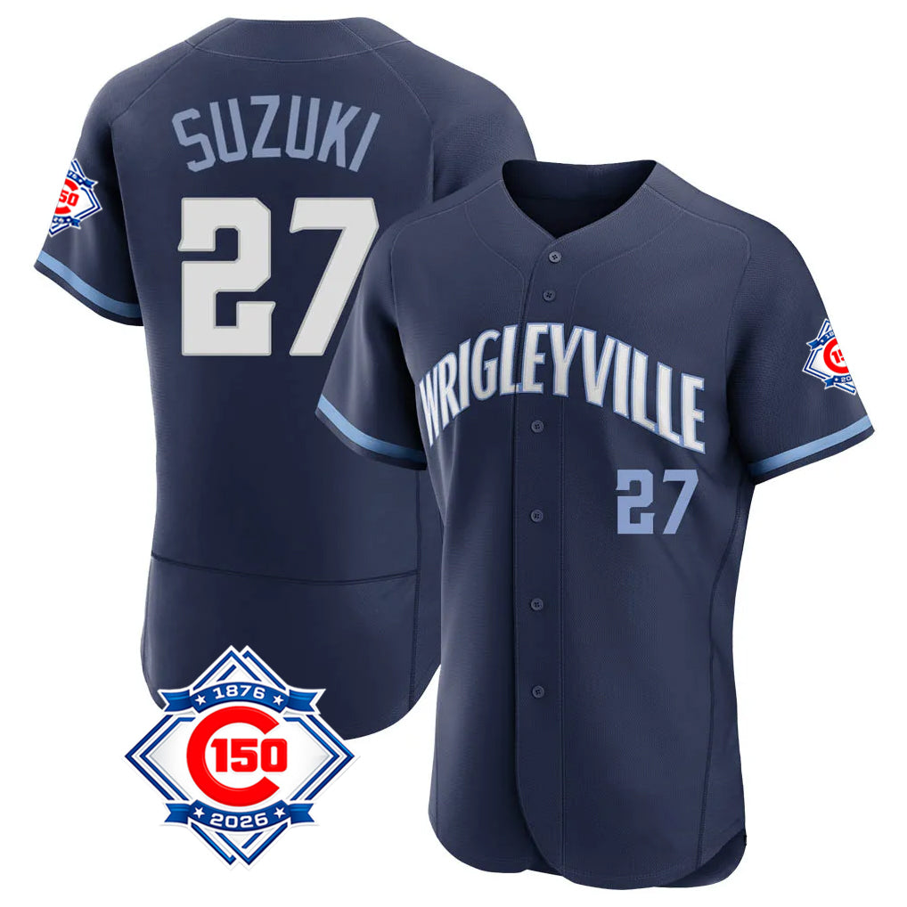 Johmsee C.Cubs #27 Seiya Suzuki Player Navy City Connect 150th Anniversary Limited Elite Home Stitched Jerseys