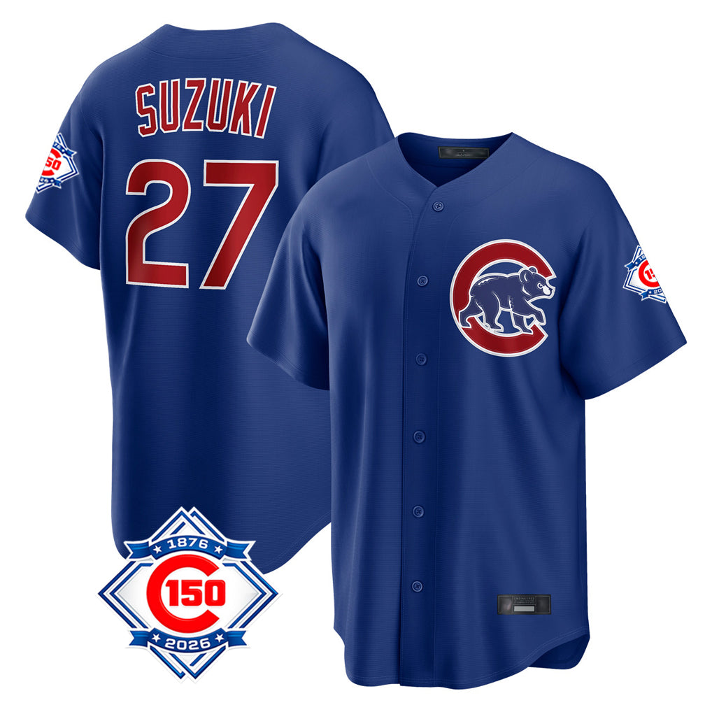 Johmsee C.Cubs #27 Seiya Suzuki Player Royal 150th Anniversary Home Game Stitched Jerseys