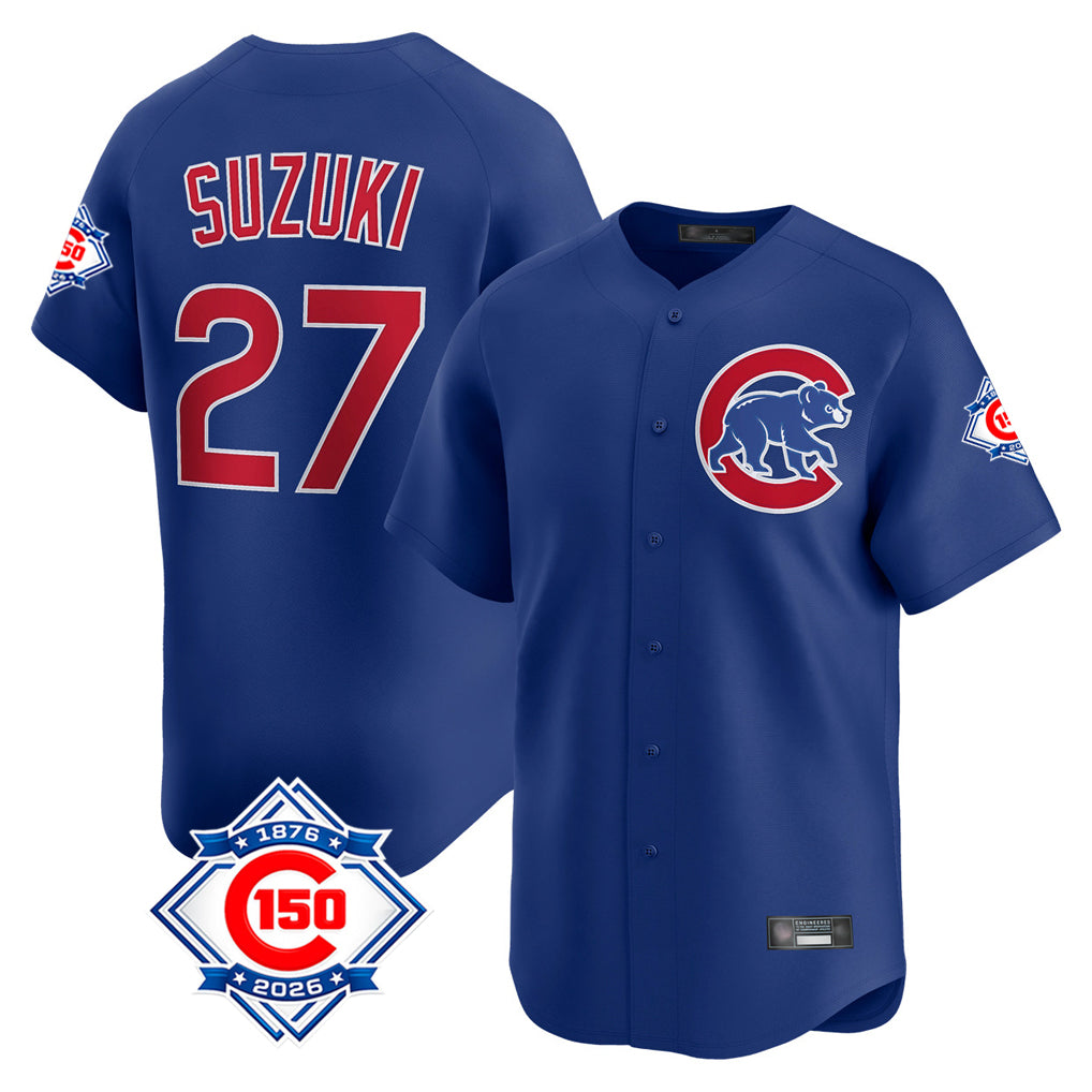Johmsee C.Cubs #27 Seiya Suzuki Player Royal 150th Anniversary Limited Home Stitched Jerseys