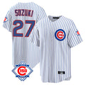 Johmsee C.Cubs #27 Seiya Suzuki Player White 150th Anniversary Home Game Stitched Jerseys