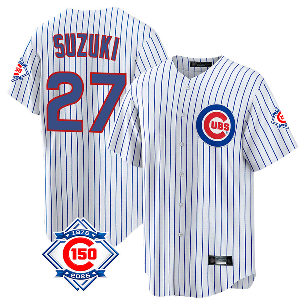 Johmsee C.Cubs #27 Seiya Suzuki Player White 150th Anniversary Home Game Stitched Jerseys
