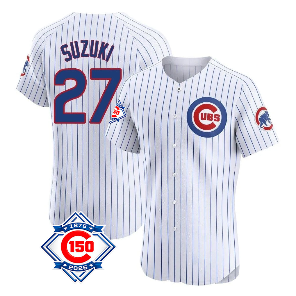Johmsee C.Cubs #27 Seiya Suzuki Player White 150th Anniversary Limited Elite Home Game Stitched Jerseys