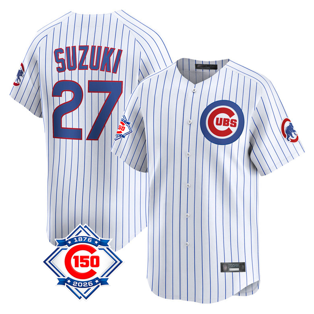 Johmsee C.Cubs #27 Seiya Suzuki Player White 150th Anniversary Limited Home Game Stitched Jerseys
