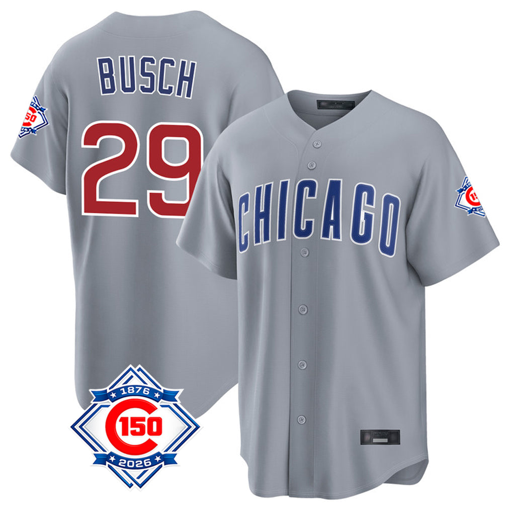 Johmsee C.Cubs #29 Michael Busch Player Gray 150th Anniversary Home Game Stitched Jerseys