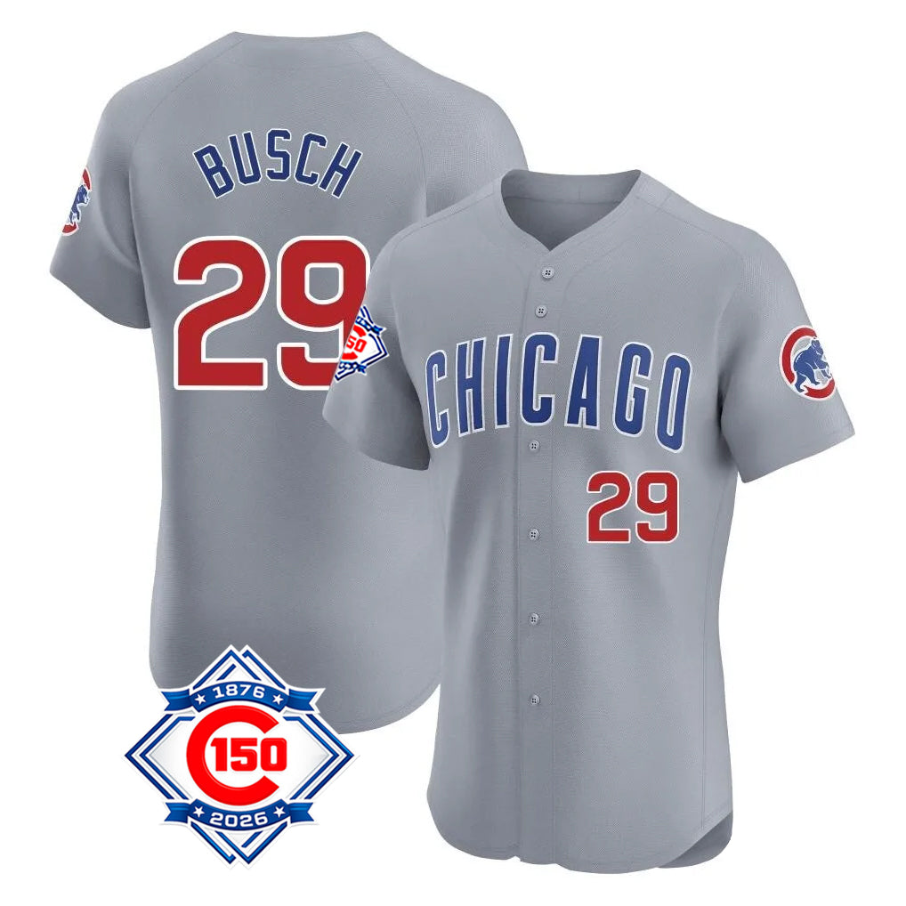 Johmsee C.Cubs #29 Michael Busch Player Gray Road 150th Anniversary Limited Elite Home Stitched Jerseys