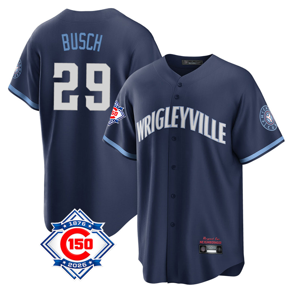Johmsee C.Cubs #29 Michael Busch Player Navy 150th Anniversary City Connect Home Game Stitched Jerseys