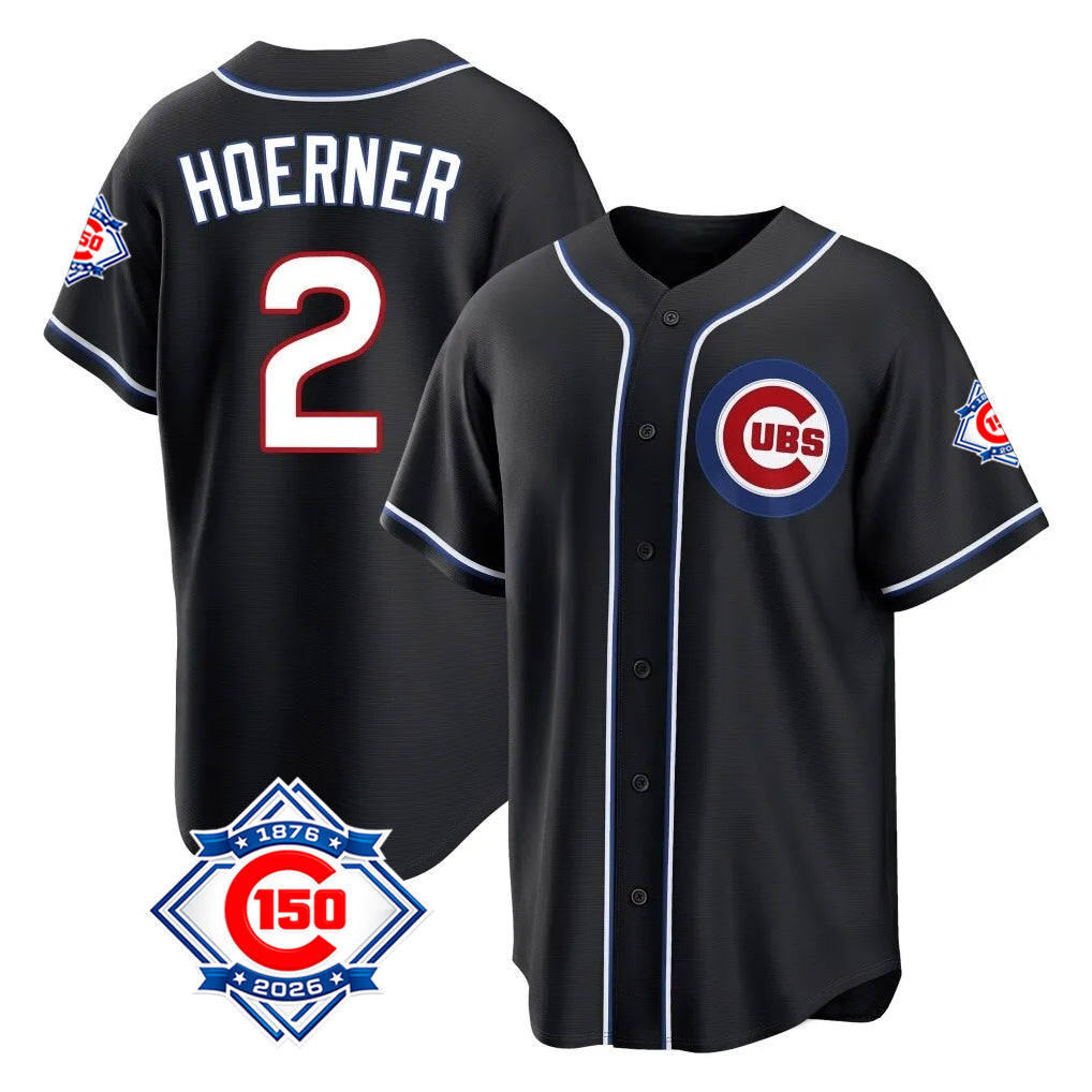 Johmsee C.Cubs #2 Nico Hoerner Player Black Fashion Out 150th Anniversary Game Stitched Jerseys