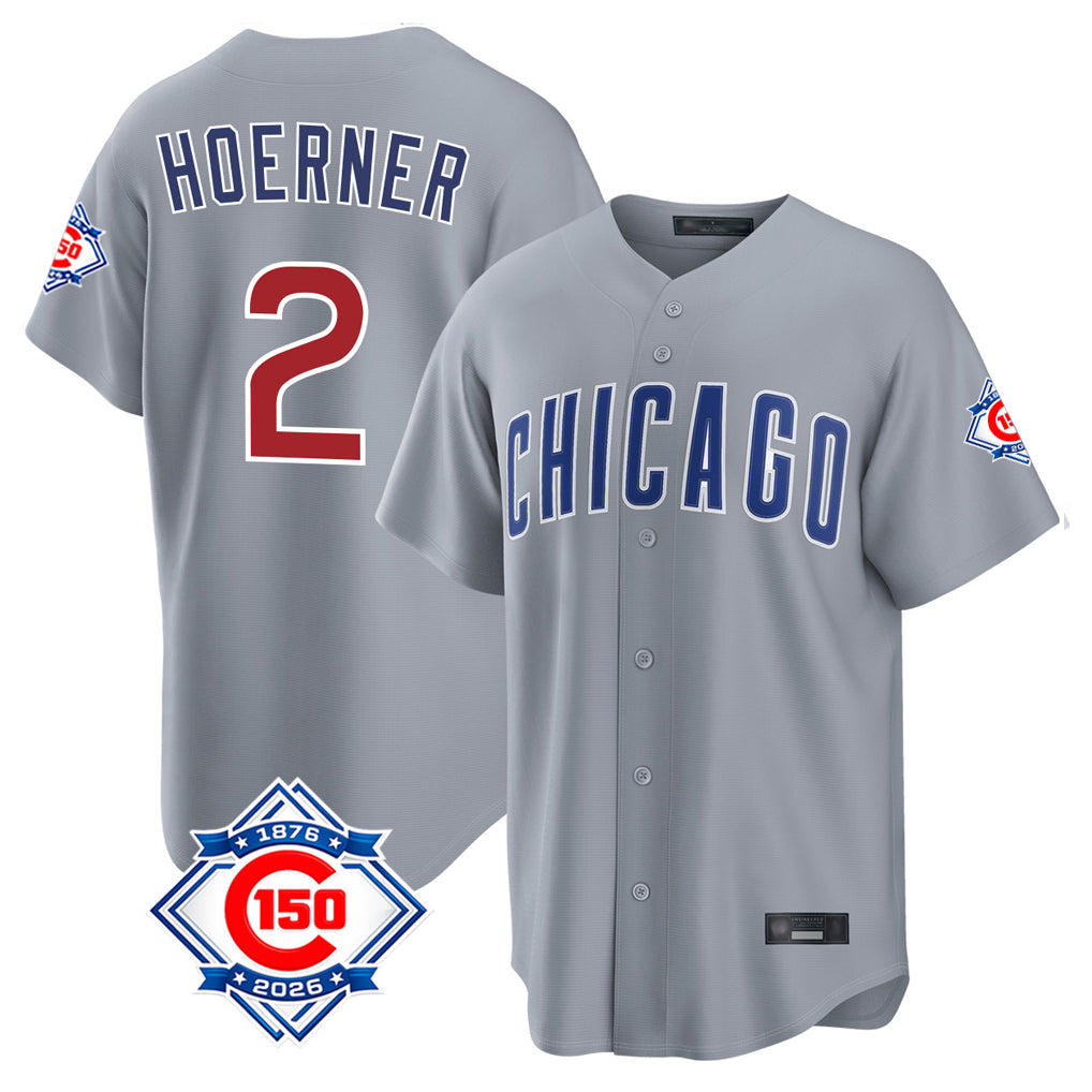 Johmsee C.Cubs #2 Nico Hoerner Player Gray 150th Anniversary Home Game Stitched Jerseys