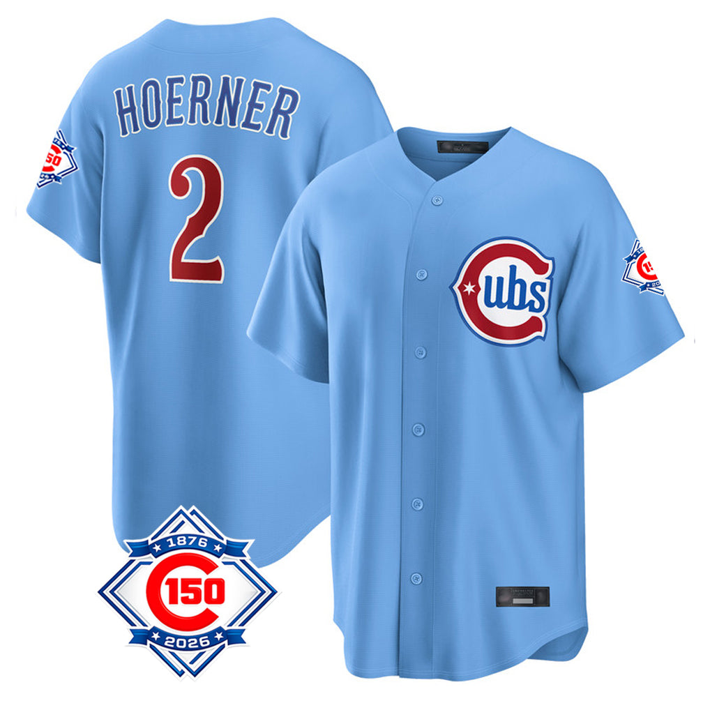 Johmsee C.Cubs #2 Nico Hoerner Player Light Blue 150th Anniversary Home Game Stitched Jerseys