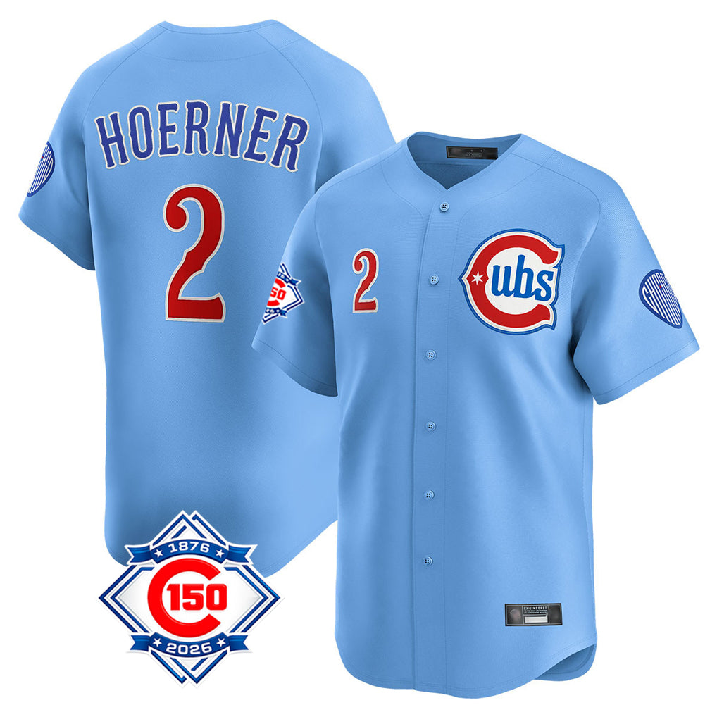 Johmsee C.Cubs #2 Nico Hoerner Player Light Blue 150th Anniversary Limited Home Stitched Jerseys