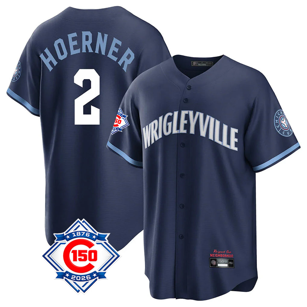 Johmsee C.Cubs #2 Nico Hoerner Player Navy 150th Anniversary City Connect Home Game Stitched Jerseys