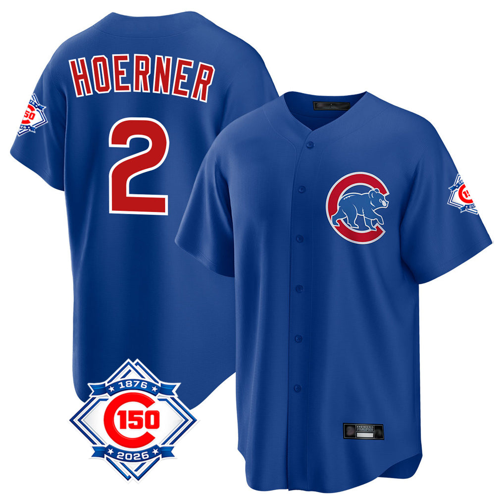 Johmsee C.Cubs #2 Nico Hoerner Player Royal 150th Anniversary Home Game Stitched Jerseys