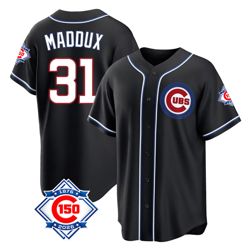 Johmsee C.Cubs #31 Greg Maddux Player Black Fashion Out 150th Anniversary Game Stitched Jerseys