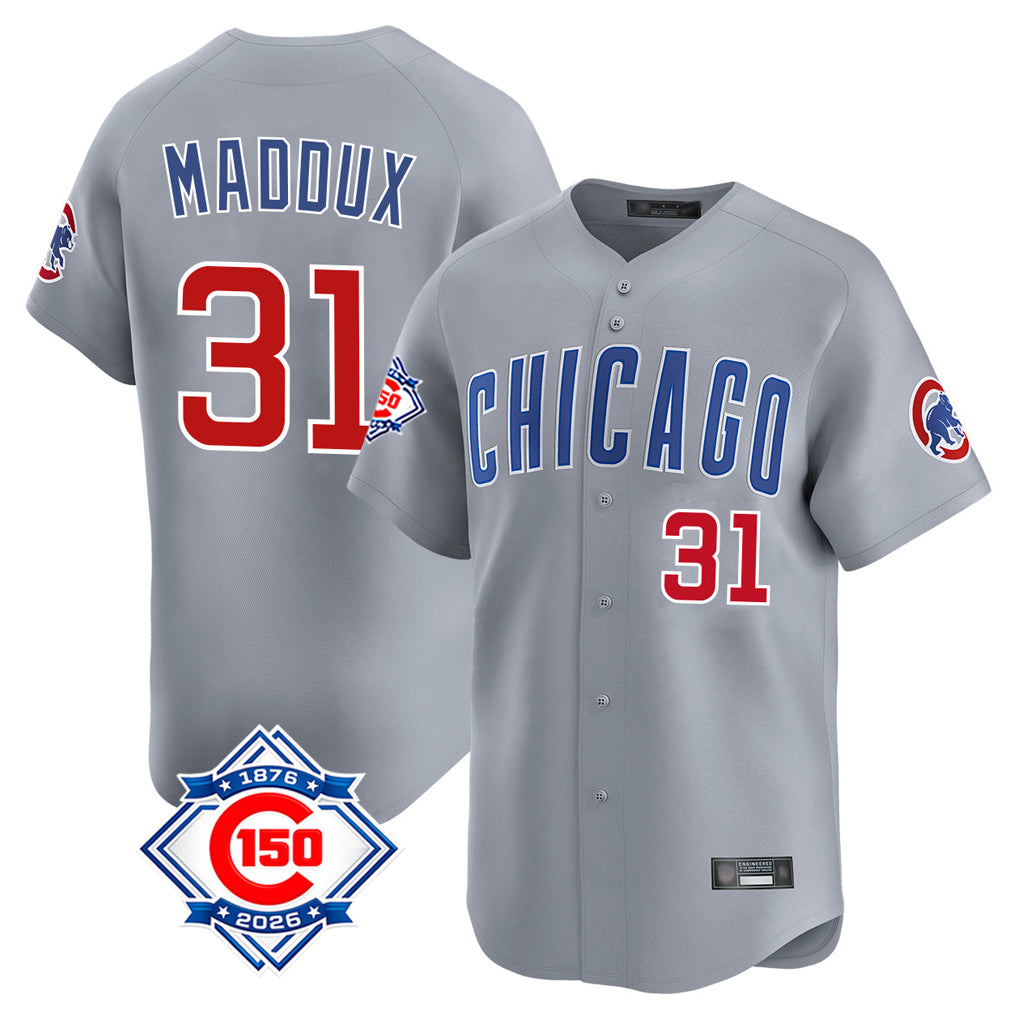 Johmsee C.Cubs #31 Greg Maddux Player Gray Road 150th Anniversary Limited Home Stitched Jerseys