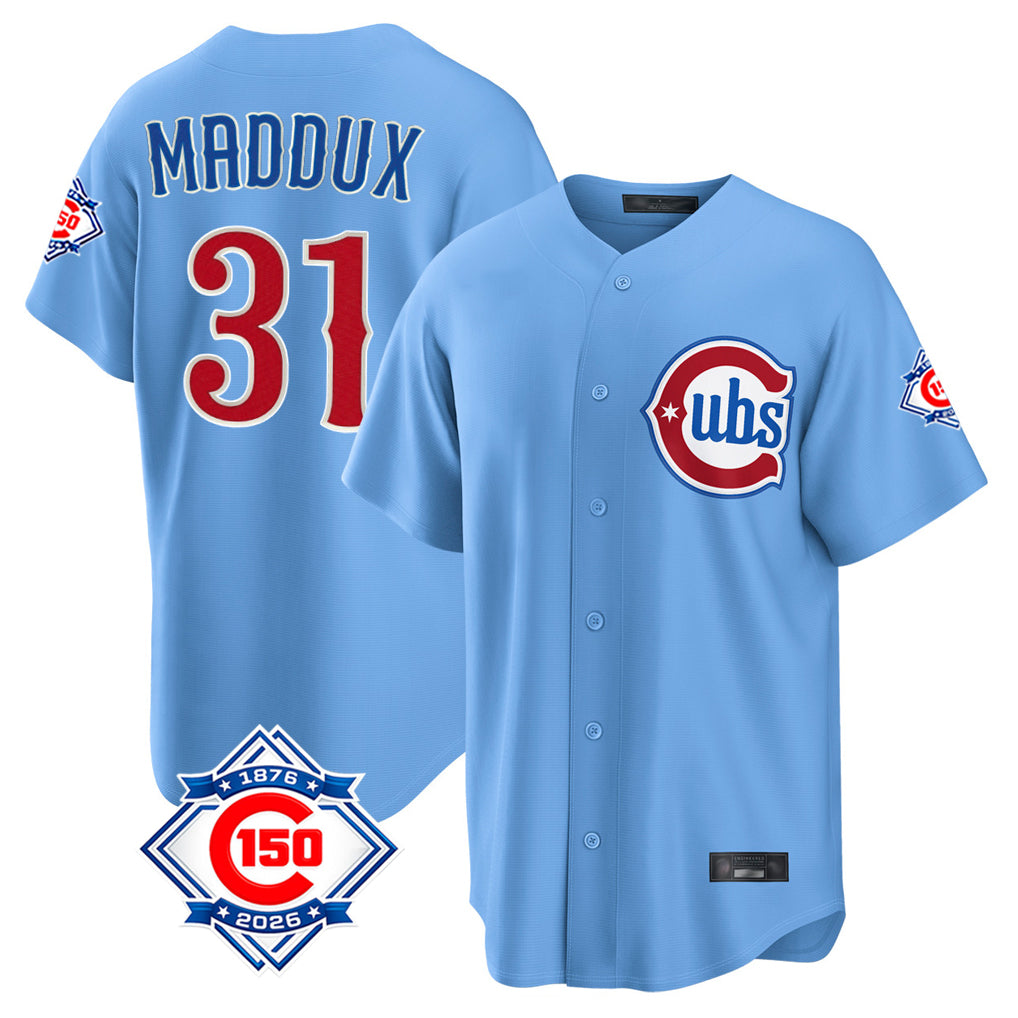 Johmsee C.Cubs #31 Greg Maddux Player Light Blue 150th Anniversary Home Game Stitched Jerseys