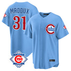 Johmsee C.Cubs #31 Greg Maddux Player Light Blue 150th Anniversary Home Game Stitched Jerseys