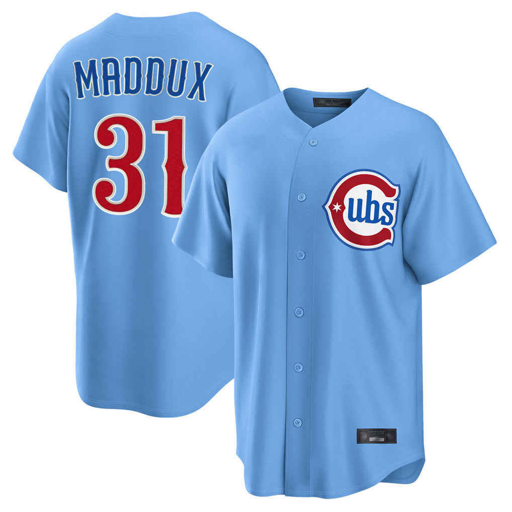 Johmsee C.Cubs #31 Greg Maddux Player Light Blue Home Game Stitched Jerseys