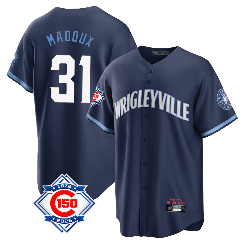 Johmsee C.Cubs #31 Greg Maddux Player Navy 150th Anniversary City Connect Home Game Stitched Jerseys