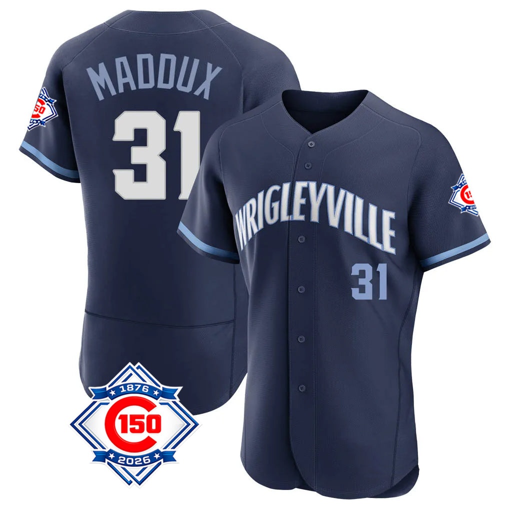 Johmsee C.Cubs #31 Greg Maddux Player Navy City Connect 150th Anniversary Limited Elite Home Stitched Jerseys