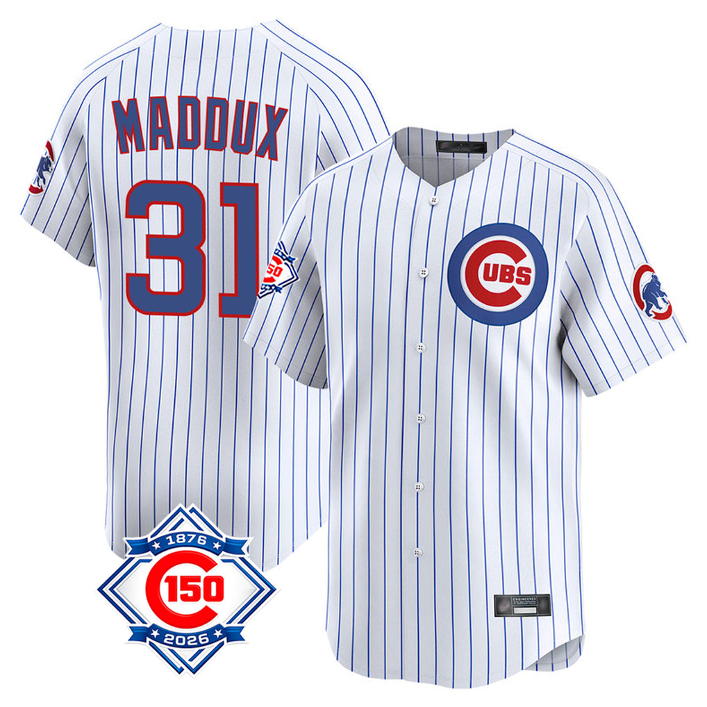 Johmsee C.Cubs #31 Greg Maddux Player White 150th Anniversary Limited Home Game Stitched Jerseys