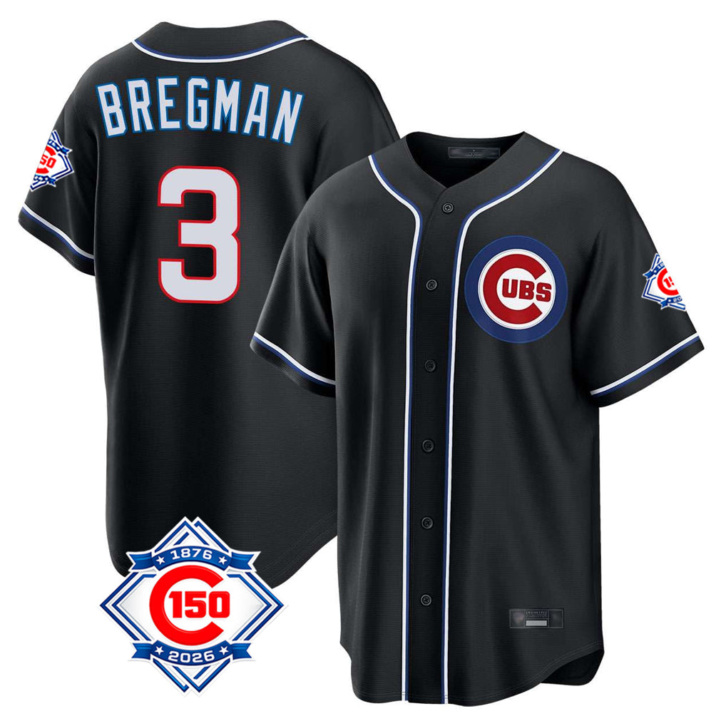 Johmsee C.Cubs #3 Alex Bregman Black Fashion Out 150th Anniversary Game Stitched Jerseys