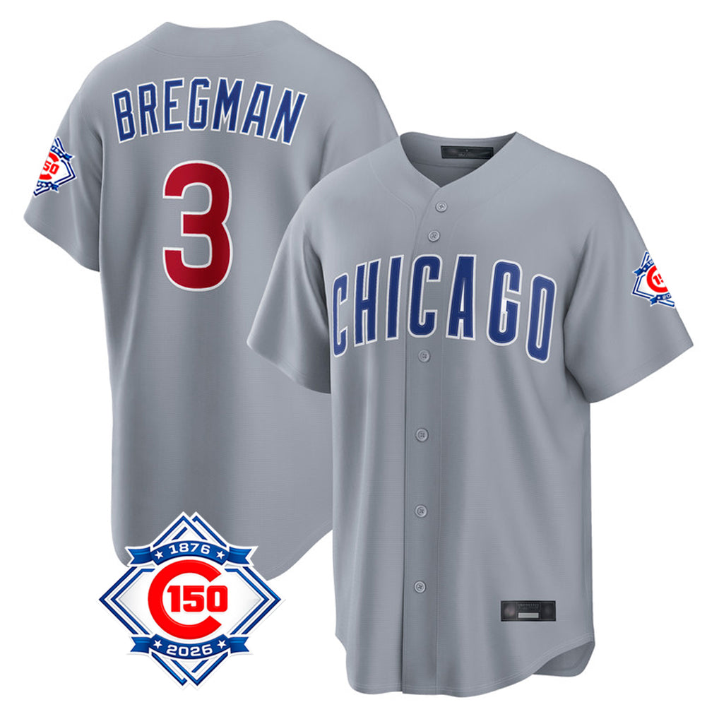 Johmsee C.Cubs #3 Alex Bregman Gray 150th Anniversary Home Game Stitched Jerseys