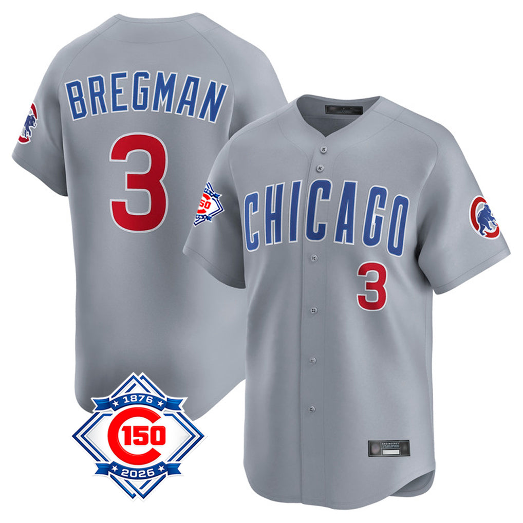 Johmsee C.Cubs #3 Alex Bregman Gray Road 150th Anniversary Limited Home Stitched Jerseys