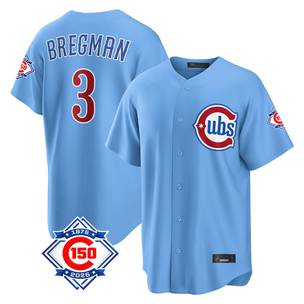 Johmsee C.Cubs #3 Alex Bregman Light Blue 150th Anniversary Home Game Stitched Jerseys