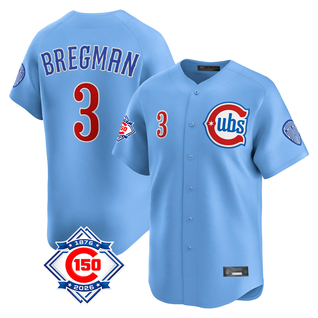 Johmsee C.Cubs #3 Alex Bregman Light Blue 150th Anniversary Limited Home Stitched Jerseys