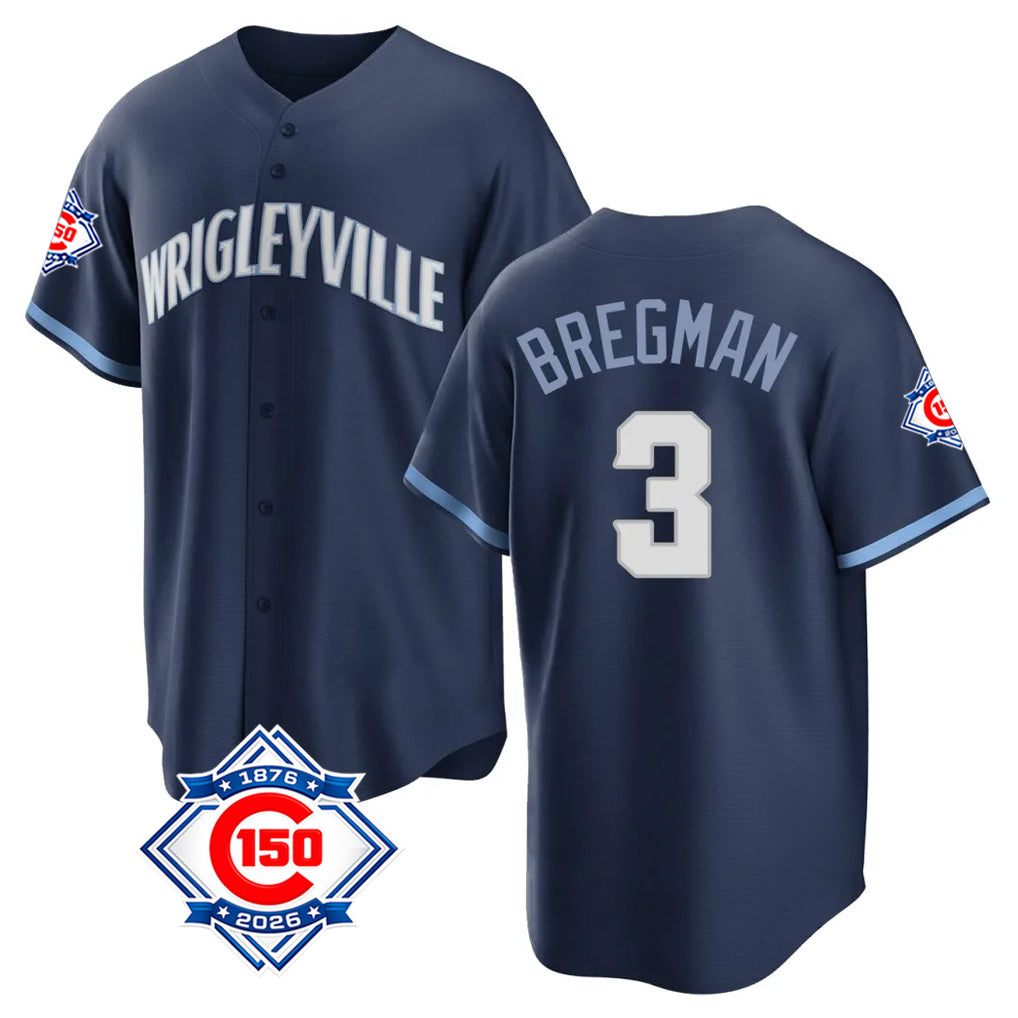 Johmsee C.Cubs #3 Alex Bregman Navy 150th Anniversary City Connect Home Game Stitched Jerseys