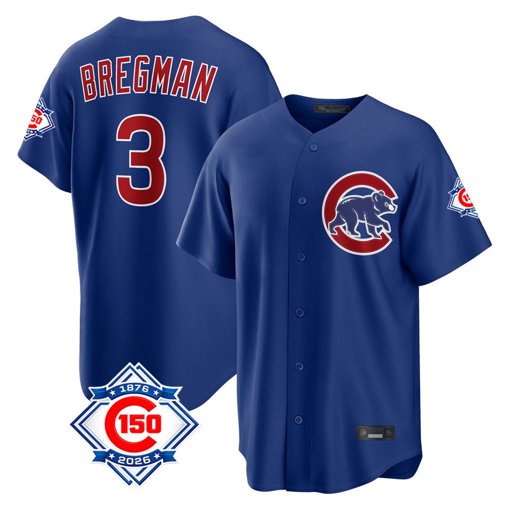 Johmsee C.Cubs #3 Alex Bregman Royal 150th Anniversary Home Game Stitched Jerseys