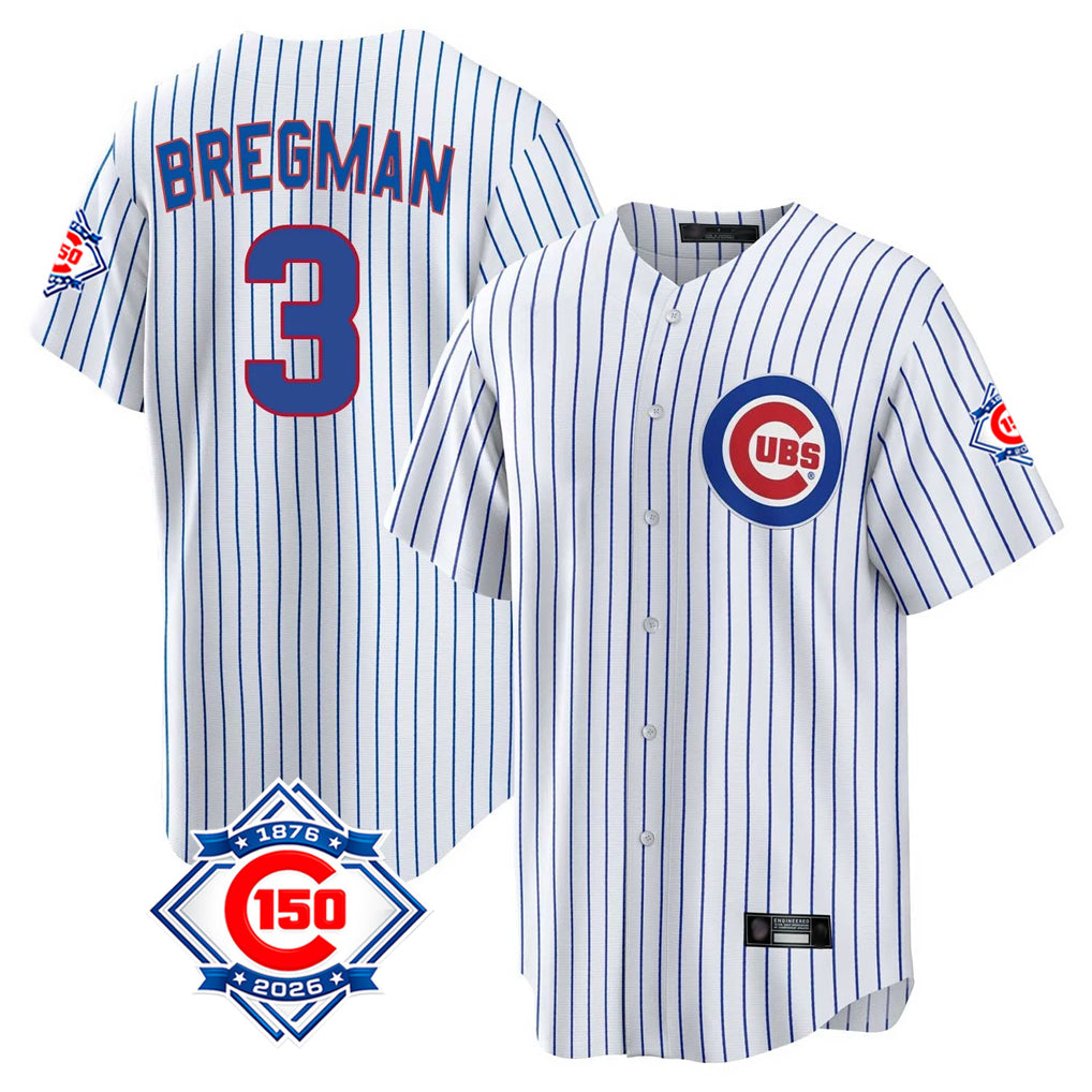 Johmsee C.Cubs #3 Alex Bregman White 150th Anniversary Home Game Stitched Jerseys