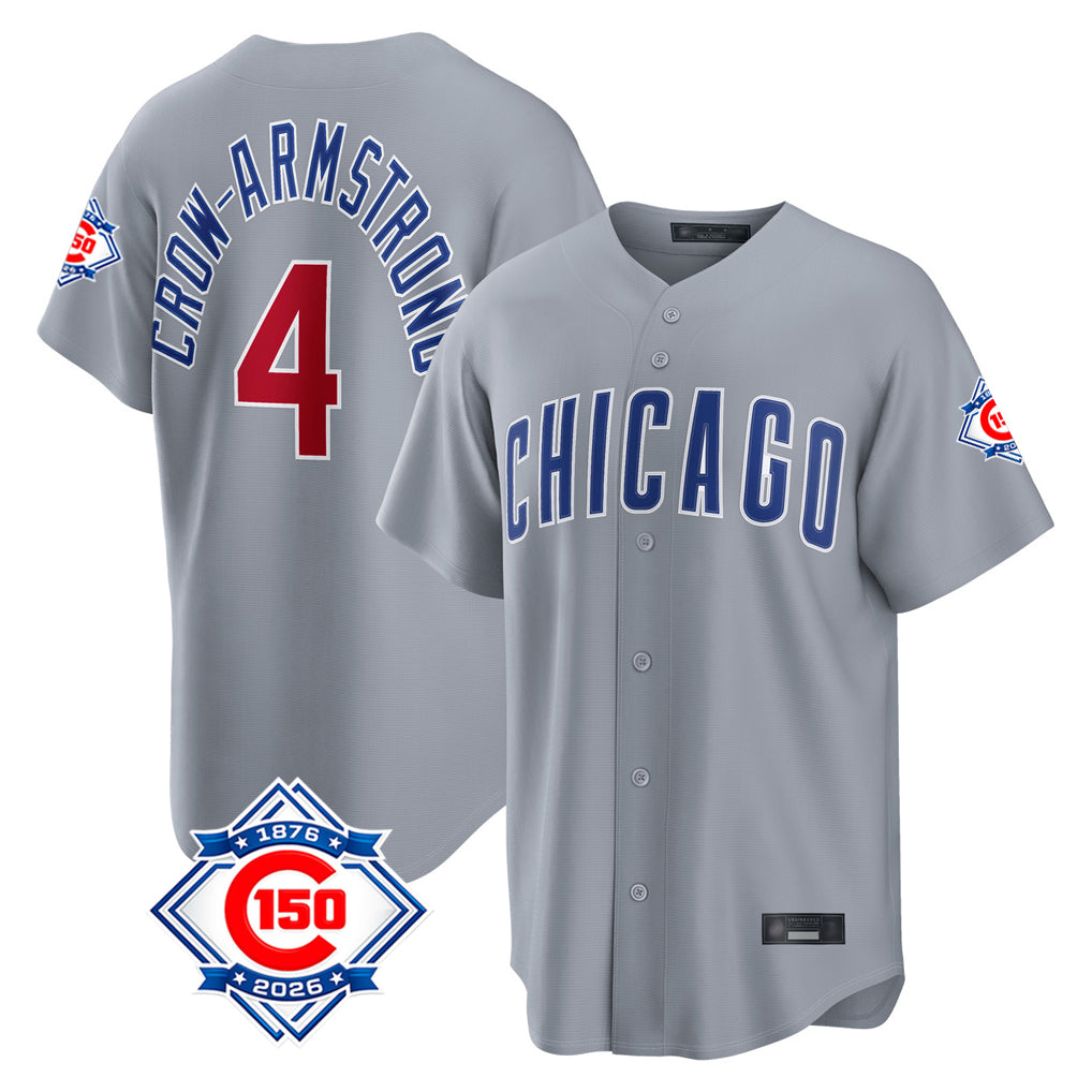 Johmsee C.Cubs #4 Pete Crow-Armstrong Player Gray 150th Anniversary Home Game Stitched Jerseys