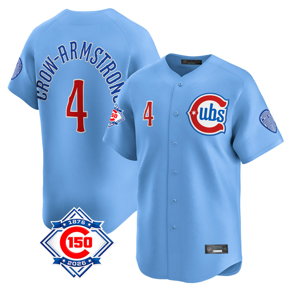 Johmsee C.Cubs #4 Pete Crow-Armstrong Player Light Blue 150th Anniversary Limited Home Stitched Jerseys