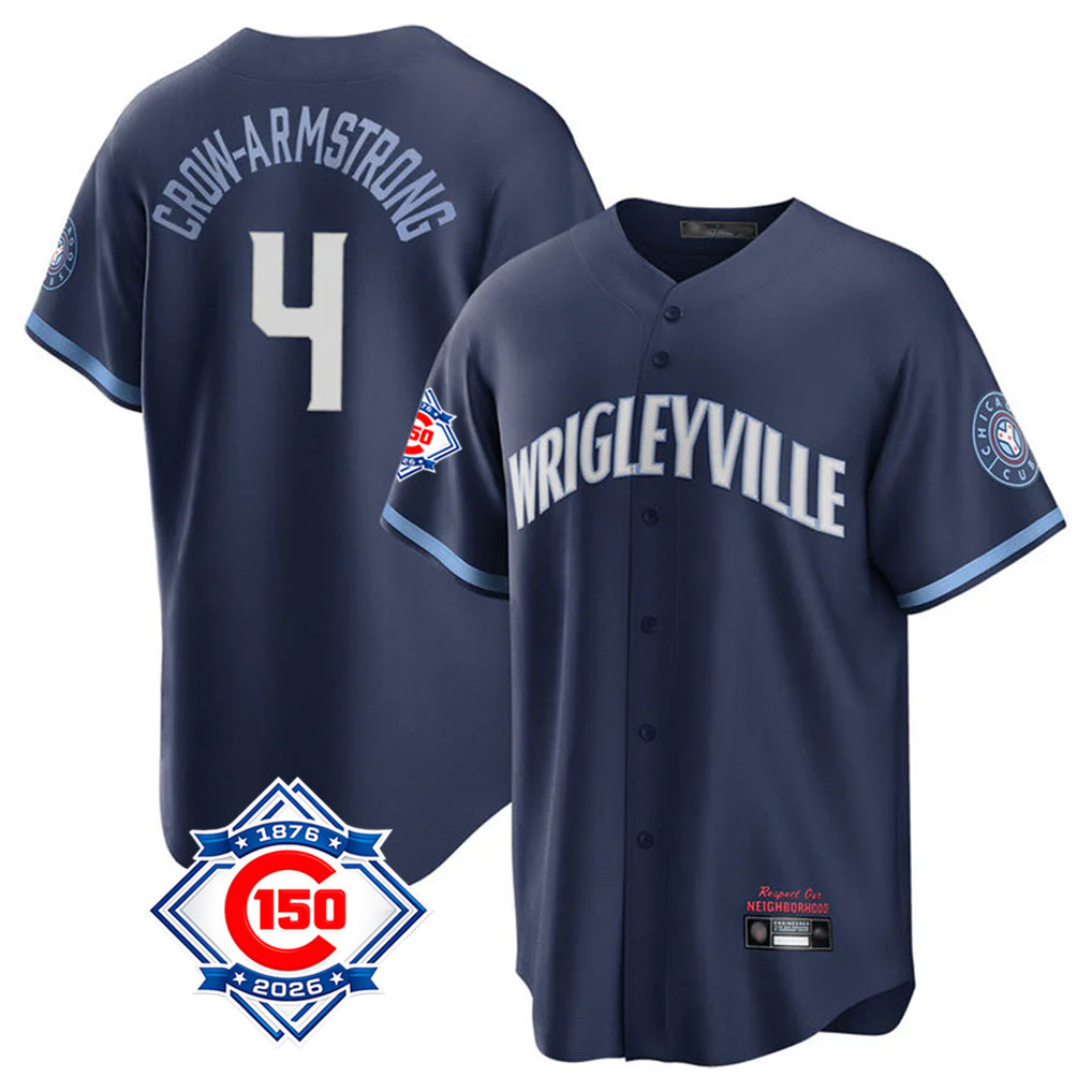 Johmsee C.Cubs #4 Pete Crow-Armstrong Player Navy 150th Anniversary City Connect Home Game Stitched Jerseys