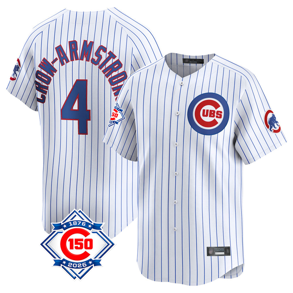 Johmsee C.Cubs #4 Pete Crow-Armstrong Player White 150th Anniversary Limited Home Game Stitched Jerseys