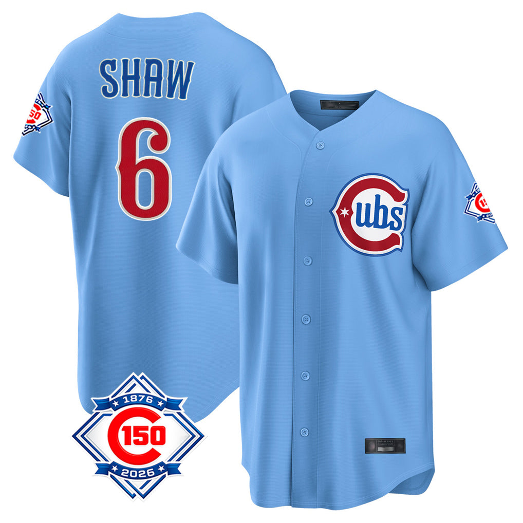 Johmsee C.Cubs #6 Matt Shaw Player Light Blue 150th Anniversary Home Game Stitched Jerseys