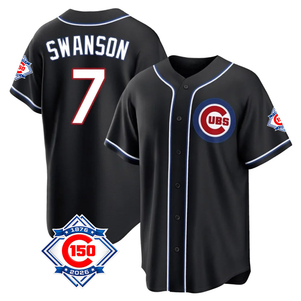 Johmsee C.Cubs #7 Dansby Swanson Player Black Fashion Out 150th Anniversary Game Stitched Jerseys