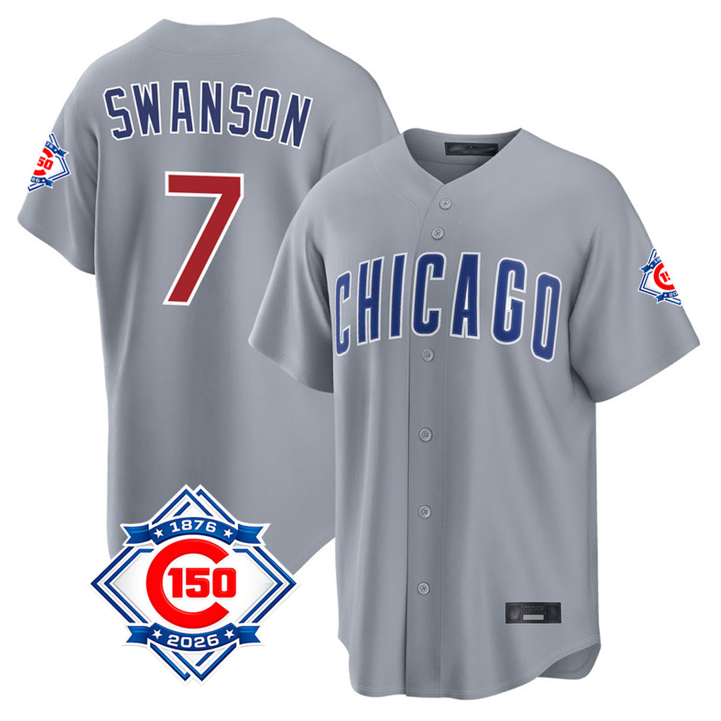 Johmsee C.Cubs #7 Dansby Swanson Player Gray 150th Anniversary Home Game Stitched Jerseys