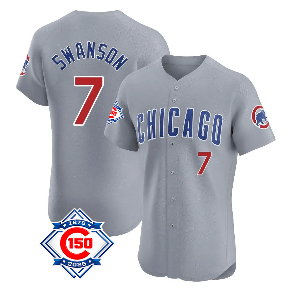Johmsee C.Cubs #7 Dansby Swanson Player Gray Road 150th Anniversary Limited Elite Home Stitched Jerseys