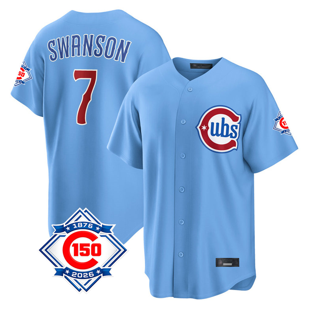 Johmsee C.Cubs #7 Dansby Swanson Player Light Blue 150th Anniversary Home Game Stitched Jerseys